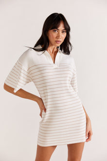  Kiana Stripe Knit Polo Dress | White/Beige
