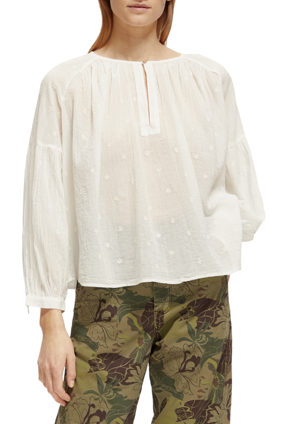 Tie Front Easy Volume Dobby Blouse | White